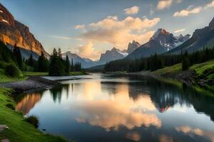 A mountain lake surrounded by green grass and trees photo