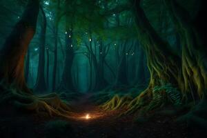 A dark forest with a lit candle in the middle photo