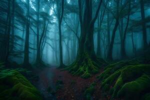 A dark forest with mossy trees and a path photo