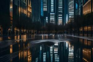 un ciudad calle a noche con alto edificios reflejado en el charcos foto