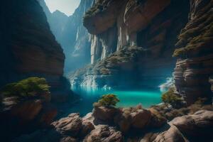 A blue lake in a canyon with trees and rocks photo