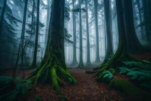 A dark forest with green trees and moss photo