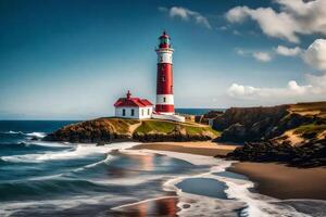 A lighthouse sits on the shore of a beach photo