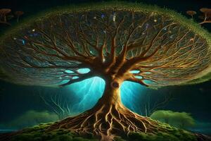 The tree of life, with a glowing light coming from it photo