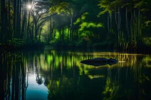 A turtle swimming in the water in the middle of a forest photo