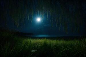 A moonlit night scene with a willow tree in the foreground photo