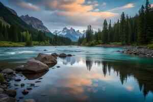 The mountains and river are reflected in the water photo