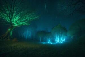 A forest with green trees and lights photo