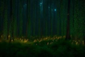 A forest at night with trees and grass photo