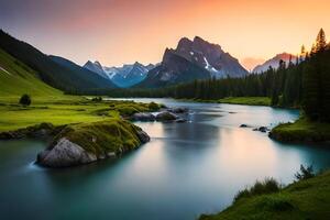A beautiful mountain river at sunset with mountains in the background photo