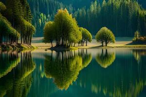 A lake with trees and a mountain in the background photo