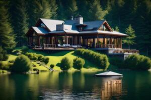 A lake house with a boat in the middle of a forest photo