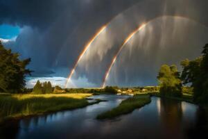 Two rainbows are seen over a river photo