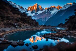 A mountain range is reflected in a river at sunset photo