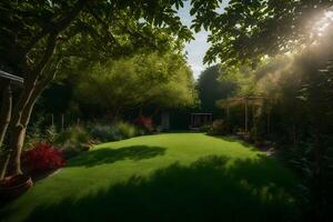 A garden with a lawn, trees and a sun shining photo