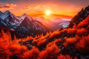 The sun sets over a mountain range with red trees photo