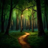 A path through the woods with fairy lights photo