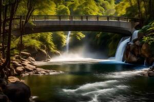 A bridge over a river with a waterfall in the background photo