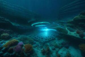 An underwater scene with coral reefs and a light photo