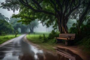 A bench sitting on a wet road next to a tree photo