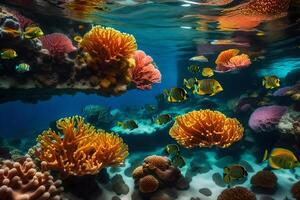 An underwater scene with colorful coral and fish photo