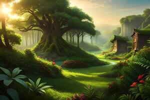 The forest is full of green trees and flowers photo