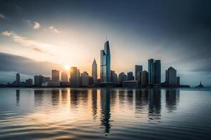 The city skyline is reflected in the water photo