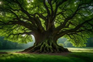 The tree of life - a beautiful tree with roots in the middle of a green field photo