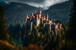 A castle sits on top of a mountain surrounded by trees photo