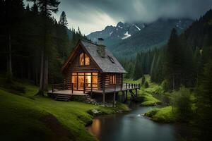 A cabin in the mountains with a stream running by photo