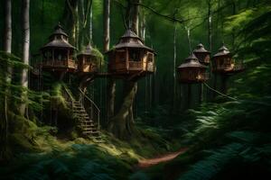 Tree houses in the forest with stairs leading up to them photo