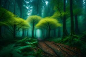 A forest with trees and ferns photo