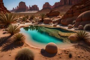 A pool in the desert with rocks and plants photo