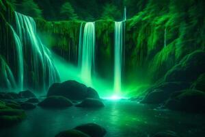 A green waterfall in the forest at night photo