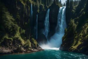 A waterfall is seen in the middle of a forest photo