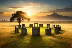 Stonehenge at sunrise in the middle of a field photo