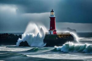 A lighthouse is surrounded by waves and a stormy sky photo