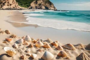 Sea shells on the beach by the ocean photo