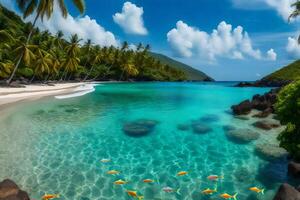 A tropical beach with palm trees and fish photo