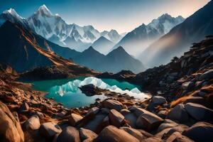 A mountain lake surrounded by rocks and rocks photo