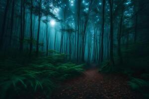 A dark forest with trees and ferns photo