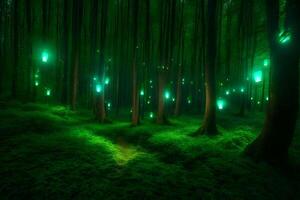 A forest with glowing green lights in the trees photo