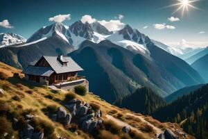 A cabin on a mountain top with a view of the mountains photo