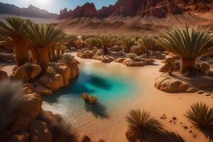 A desert landscape with a small pool and palm trees photo