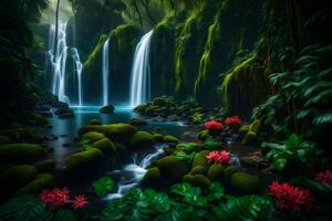 A beautiful waterfall in the jungle with green plants and flowers photo