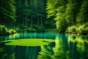 A green lake surrounded by trees and green water photo