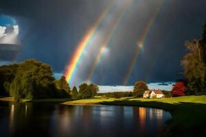 A rainbow appears over a lake and a house photo