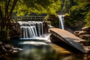 A bridge over a waterfall in the woods photo