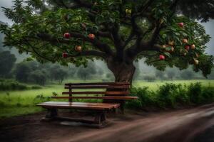 A bench under a tree with apples hanging from it photo