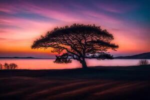 A lone tree stands in front of a lake at sunset photo
